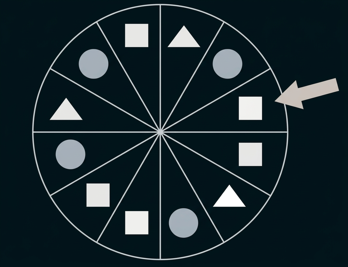 Kreisdiagramm mit grauen Kreisen, Quadraten und Dreiecken; ein Pfeil zeigt auf ein Quadrat.